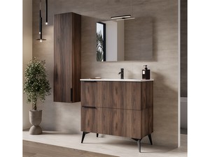 Meuble salle de bains AVIVO 90 cm 2 tiroirs cannelé chêne foncé et lavabo en résine blanc brillant