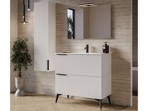 AVIVO Bathroom Cabinet 90 cm 2 Drawers Cannettato Matt White with Glossy White Resin Washbasin