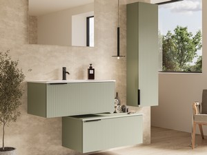 Meuble salle de bains AVIVO 90 cm 1 tiroir cannelé vert mat et lavabo céramique blanc brillant