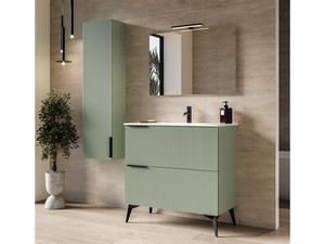 Meuble salle de bains AVIVO 90 cm 2 tiroirs cannelé vert mat et lavabo en résine blanc brillant