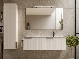 Badmöbel AVIVO 120 cm 2 gerippte Schubladen Weiß matt mit Waschbecken aus Keramik 1 Becken rechts Weiß glänzend