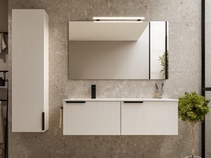 Badmöbel AVIVO 120 cm 2 gerippte Schubladen Weiß matt mit Waschbecken aus Keramik 1 Becken links Weiß glänzend
