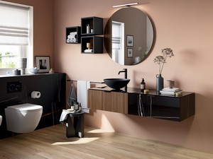 Meuble salle de bains CLASS GRES 140 cm 1 tiroir grès marbre Sahara noir et 1 tiroir noyer avec plan grès Sahara noir brillant