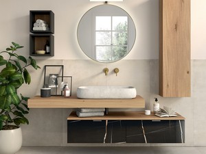 Hängekommode CLASS GRES 140 cm 2 Schubladen aus Feinsteinzeug Sahara Noir glänzend und Holzplatte St. 1,8 Eiche mit Knorren