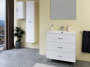 TRIO B80 cm Bodenstehender Badezimmerschrank mit 3 Schubladen und Unitop-Keramikwaschbecken Mattweißes Finish