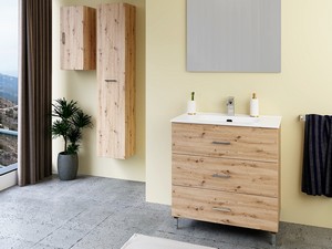 TRIO L80 cm Bodenstehender Badezimmerschrank mit 3 Schubladen und Unitop-Keramikwaschbecken Asteichenoptik