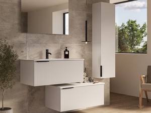Meuble salle de bains AVIVO 90 cm 1 tiroir cannelé blanc mat avec vasque en céramique blanc brillant