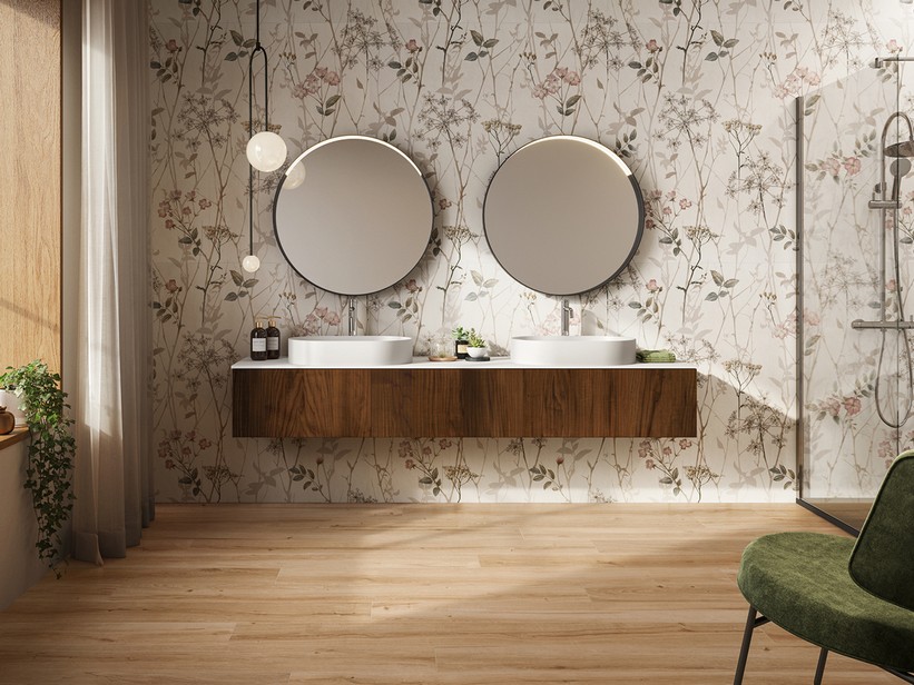 BOHEME BATHROOM FORNITURE 200 cm SOLID WALNUT WITH RESIN COUNTERTOP STONE EFFECT WHITE