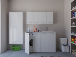 Meuble buanderie BONK 140 cm 4 portes avec lavabo en solid surface droite - Blanc brillant