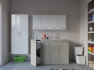 Meuble buanderie BONK 140 cm 4 portes avec lavabo en solid surface droite - Ciment