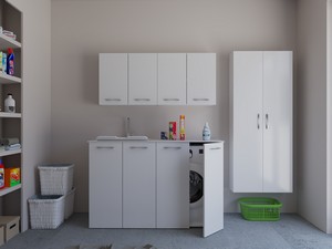 Meuble buanderie BONK 140 cm 4 portes avec lavabo en solid surface gauche - Blanc brillant