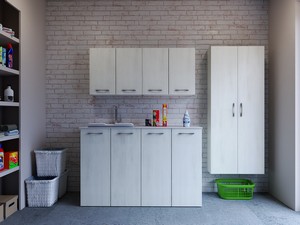 Meuble buanderie BONK 140 cm 4 portes avec lavabo en solid surface gauche - Blanc Matrix
