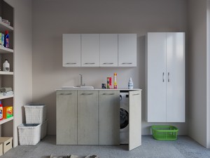 Meuble buanderie BONK 140 cm 4 portes avec lavabo en solid surface gauche - Ciment