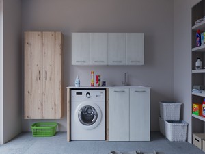 Meuble buanderie BONK 140 cm 2 portes avec lavabo en solid surface droite - Blanc matrix/Chêne à nœuds