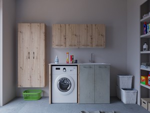 Meuble buanderie BONK 140 cm 2 portes avec lavabo en solid surface droite - Ciment/Chêne à nœuds