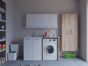 Meuble buanderie BONK 140 cm 2 portes avec lavabo en solid surface gauche - Blanc brillant/Chêne à nœuds