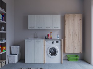 Meuble buanderie BONK 140 cm 2 portes avec lavabo en solid surface gauche - Blanc matrix/Chêne à nœuds