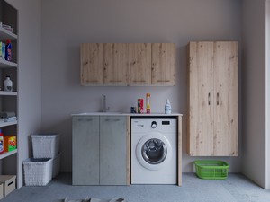 Meuble buanderie BONK 140 cm 2 portes avec lavabo en solid surface gauche - Ciment/Chêne à nœuds