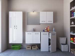 Meuble buanderie BONK 73 cm 2 portes avec lavabo en céramique - Blanc brillant