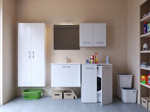 Meuble buanderie BONK 73 cm 1 tiroir avec lavabo en céramique - Blanc brillant