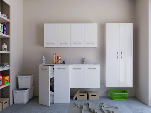 Meuble buanderie BONK 140x51/63 cm 4 portes avec lavabo en solid surface droite - Blanc brillant