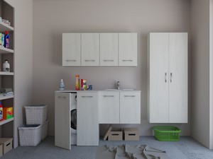 Meuble buanderie BONK 140x51/63 cm 4 portes avec lavabo en solid surface droite - Blanc Matrix