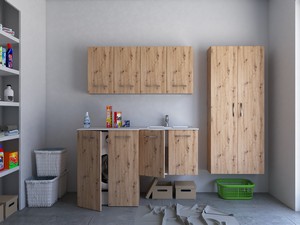 Meuble buanderie BONK 140x51/63 cm 4 portes avec lavabo en solid surface droite - Chêne à nœuds