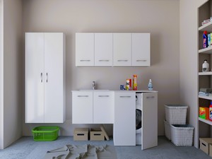 Meuble buanderie BONK 140x51/63 cm 4 portes avec lavabo en solid surface gauche - Blanc brillant