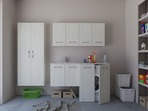 Meuble buanderie BONK 140x51/63 cm 4 portes avec lavabo en solid surface gauche - Blanc Matrix