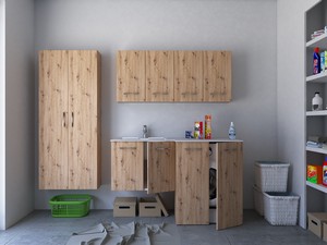 Meuble buanderie BONK 140x51/63 cm 4 portes avec lavabo en solid surface gauche - Chêne à nœuds