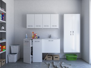 Meuble buanderie BONK 140x51/63 cm 2 portes et tiroir avec lavabo en solid surface droite - Blanc brillant