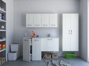 Meuble buanderie BONK 140x51/63 cm 2 portes et tiroir avec lavabo en solid surface droite - Blanc Matrix