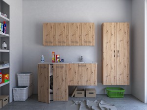 Meuble buanderie BONK 140x51/63 cm 2 portes et tiroir avec lavabo en solid surface droite - Chêne à nœuds