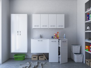 Meuble buanderie BONK 140x51/63 cm 2 portes et tiroir avec lavabo en solid surface gauche - Blanc brillant