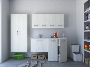 Meuble buanderie BONK 140x51/63 cm 2 portes et tiroir avec lavabo en solid surface gauche - Blanc Matrix