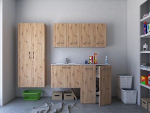 Meuble buanderie BONK 140x51/63 cm 2 portes et tiroir avec lavabo en solid surface gauche - Chêne à nœuds