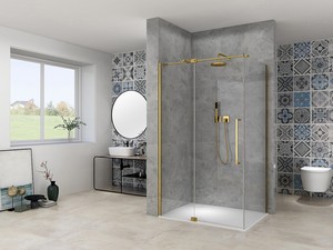 Cabine de douche d’angle Mantra 110x90 H200 cm porte battante verre 8 mm transparent et profilés or brossé