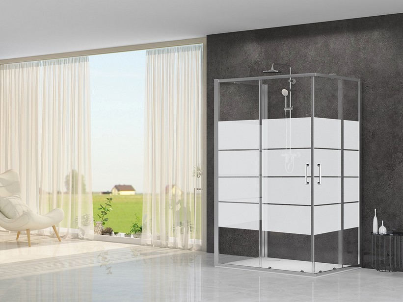 AREK SHOWER BOX 3 SIDES 80X80X80 H190 SLIDING DOORs WITH FIXED SIDE SP 6mm SCREEN-PRINTED TRANSPARENT CHROME