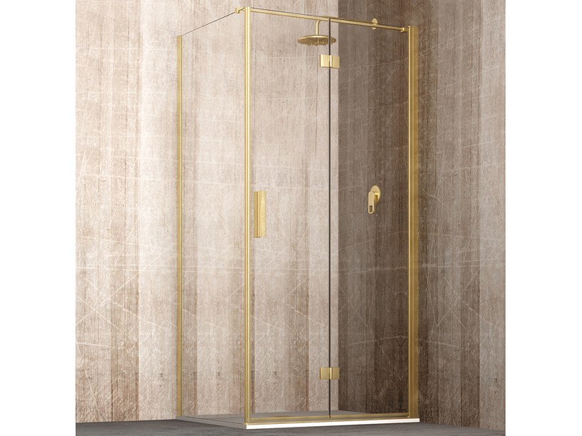 Eckduschkabine Kromìa 90x70 H200 Schwingfalttür rechts und fester Teil Glasstärke 6 mm Transparent Gold Gebürstet