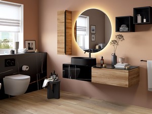 Meuble salle de bains CLASS GRES 140cm 1 tiroir grès marbre Sahara noir 1 tir. noyer Belgravia plan grès Sahara noir brillant