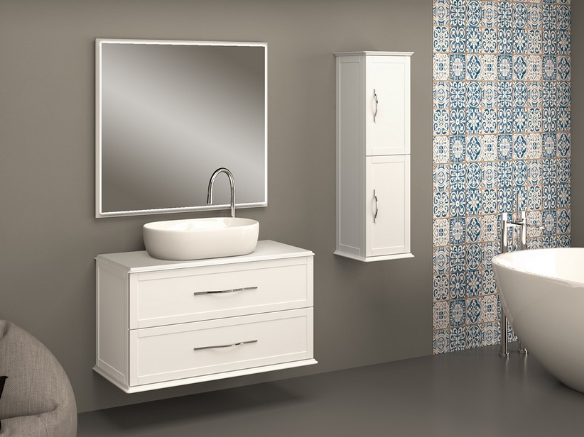 CLASSIC WALL-HUNG BATHROOM FURNITURE 101 cm 2 DRAWERS AND TOP FOR WASHBASIN WHITE MATT