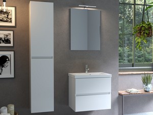 Meuble salle de bains COMPACT-39 L60 cm 2 tiroirs blanc brillant et lavabo Unitop en marbre minéral blanc brillant