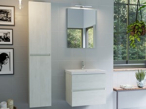 Meuble salle de bains COMPACT-39 L60 cm 2 tiroirs mélèze blanc et lavabo Unitop en marbre minéral blanc brillant