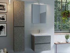 Meuble salle de bains COMPACT-39 L60 cm 2 tiroirs mélèze gris et lavabo Unitop en marbre minéral blanc brillant
