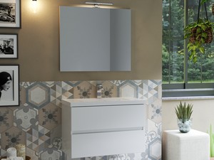 Meuble salle de bains COMPACT-39 L80 cm 2 tiroirs blanc brillant et lavabo Unitop en marbre minéral blanc brillant