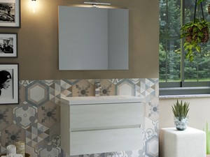 Meuble salle de bains COMPACT-39 L80 cm 2 tiroirs mélèze blanc et lavabo Unitop en marbre minéral blanc brillant