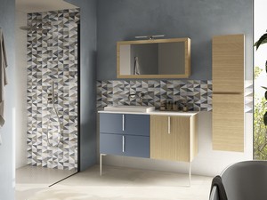 Badezimmermöbel DESK 120 cm Eiche/Luftblau matt – Griffe und Füße und Waschbecken STAR Weiß matt