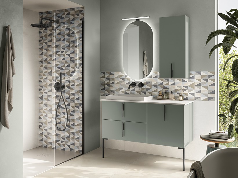 Set Mobile Bagno Vladon Aloha V2 – 189x193x51 Cm, Bianco Opaco/lucido Con Dettagli Petrolio, Lavabo Appoggio, Specchio LED Touch, Made In Germany