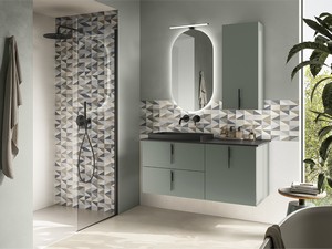 Badezimmermöbel DESK 120 cm Grün matt – Griffe und Waschbecken STAR Stein Schwarz matt