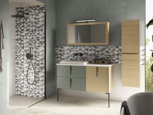 Badezimmermöbel DESK 120 cm Eiche/mattgrün – Griffe und Füße schwarz matt mit Waschbecken STAR mattweiß